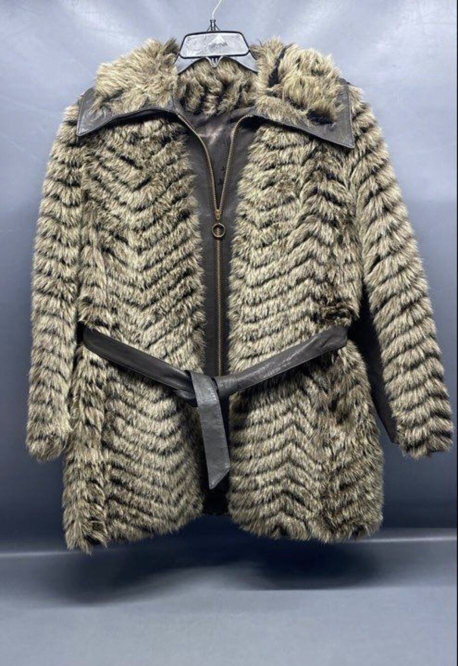 Tissu Hillmoor Faux Fur Jacket Coat Vnt 70s Mob Leather Trim Zip Brown Med 40w